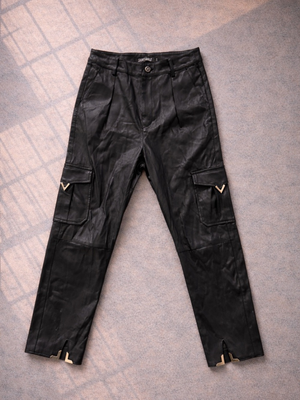 Y2K Faux Leather Cargo Pants Mid Rise Black Slit Hem Gold Hardware Edgy